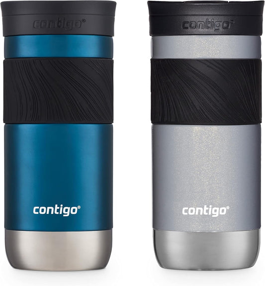 Contigo Byron 2.0 Snapseal Insulated Stainless Steel Travel Mug with Grip 2-pack, 16oz, Blueberry Satin & Gold Morel