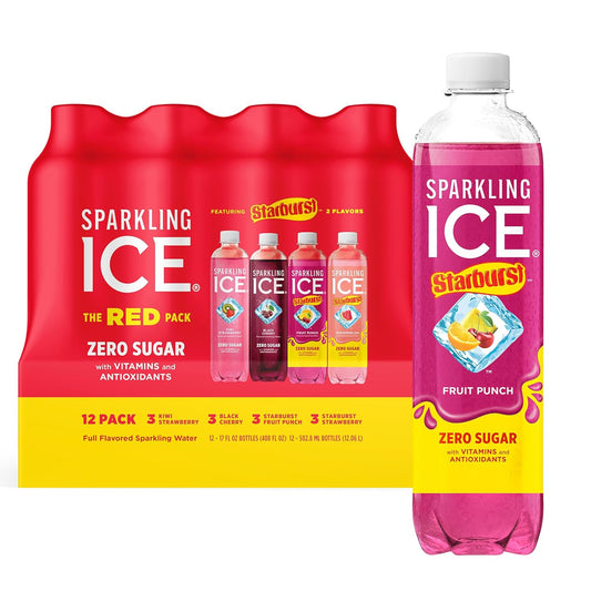 Sparkling Ice STARBURST Red Variety Pack, Zero Sugar Flavored Sparkling Water, Vitamins & Antioxidants, 17 fl oz, 12 count (Kiwi Strawberry, Black Cherry, Starburst Fruit Punch, Starburst Watermelon)