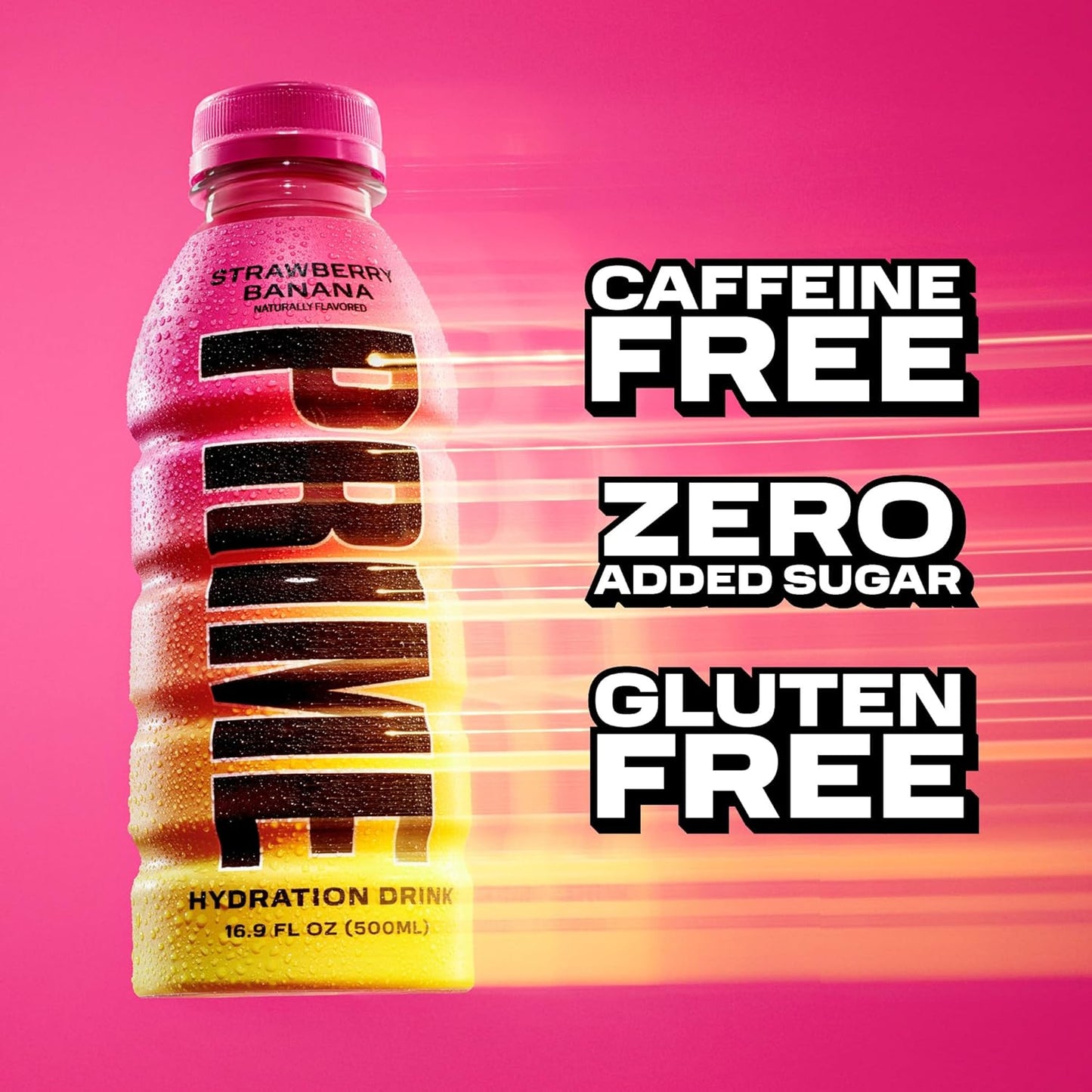 PRIME Hydration STRAWBERRY BANANA, Sports Drinks, Electrolyte Enhanced for Replenishing Fluids, 250mg BCAAs, B Vitamins, Antioxidants, Low Sugar, 16.9 Fl Oz, 12 Pack