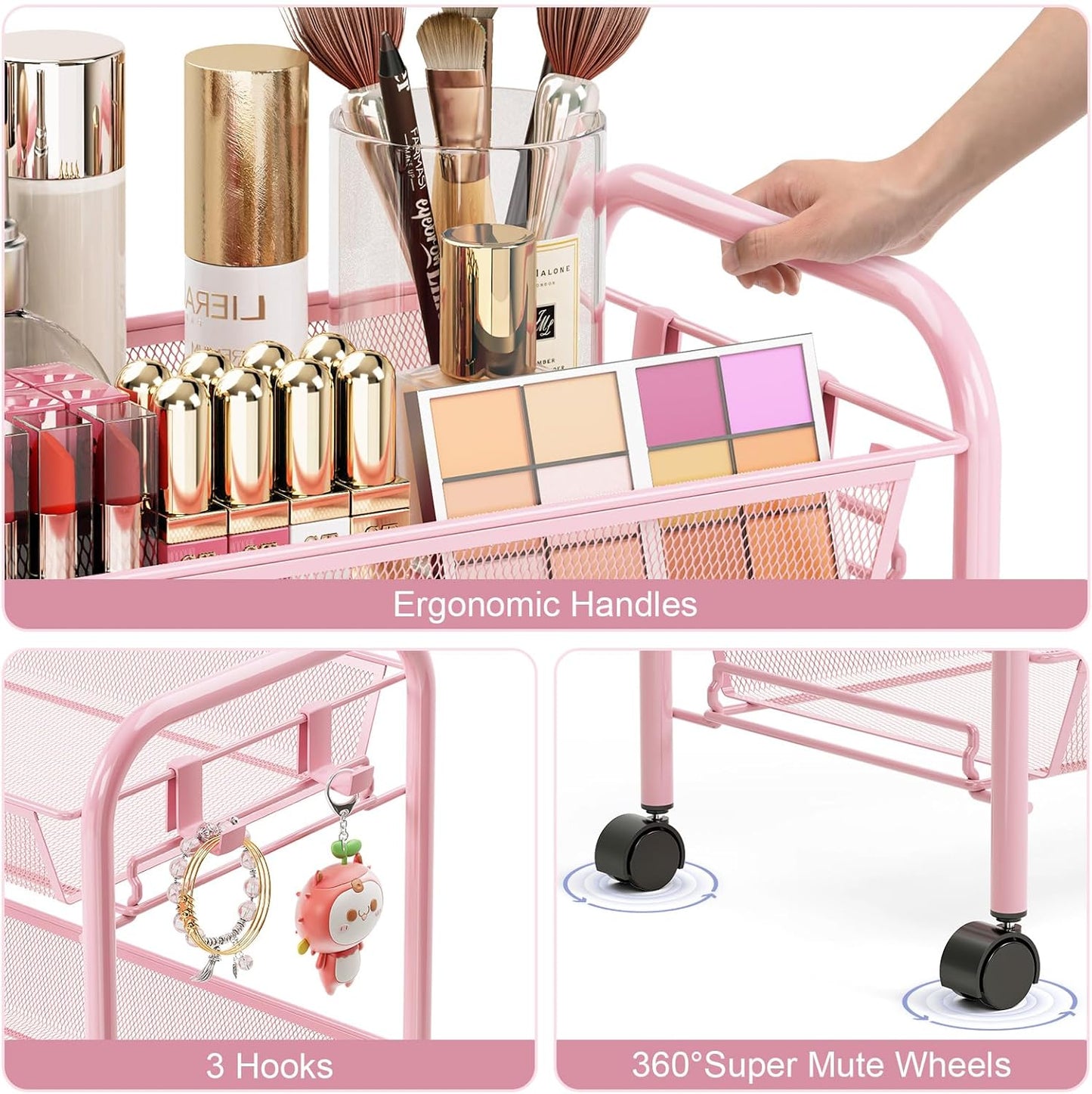 TOOLF 3 Tier Rolling Utility Cart - Durable Metal Design Pink Utility Cart, Storage Trolley on Wheels with 3 Hooks, Perfect for Kitchen, Bathroom & Laundry Room Organization