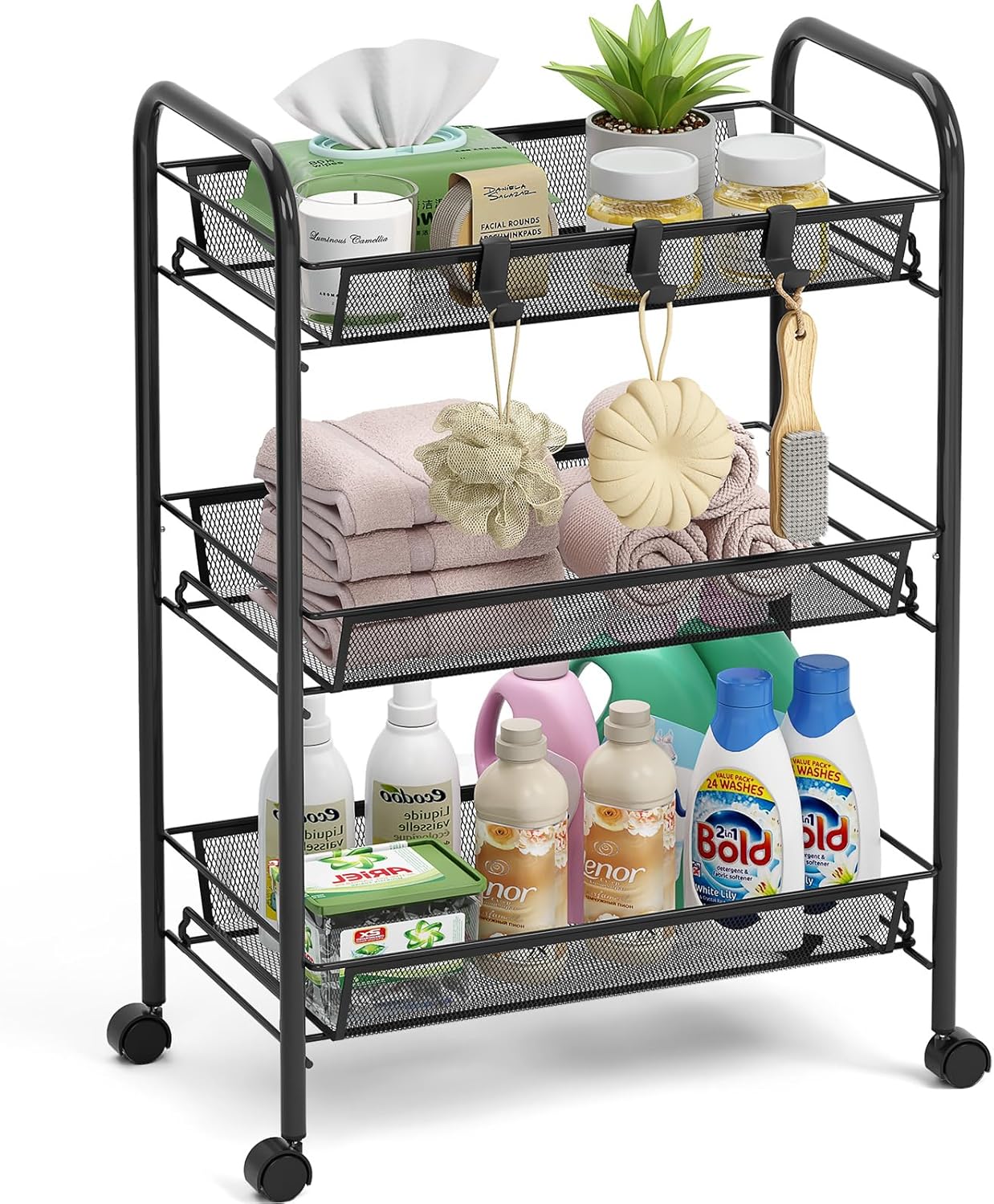 TOOLF 3-Tier Metal Rolling Cart, Mesh Wire Easy Assemble Utility Cart, Storage Trolley on Wheels with 3 Hooks, MetalStorage Shelving Units for Kitchen Bathroom Laundry Room