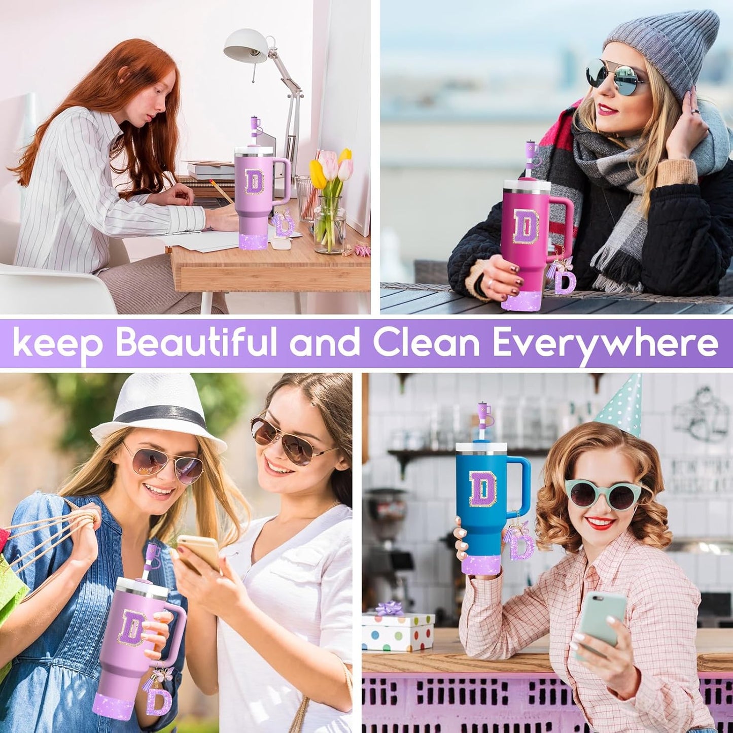 Mity rain 6PCS Cup Accessories Set for Stanley Cup 30oz 40oz tumbler with handle, Including Silicone Straw Topper Cover Cap and Boot, Spill Proof Stopper, Handle Charm, Initials Sticker (Letter D)