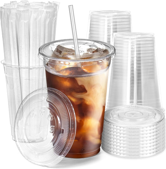 Fit Meal Prep 100 Pack 24 oz Plastic Iced Coffee Cups with Flat Lids and Clear Straws, Disposable Clear Cup, BPA Free Cup for Party, Smoothie, Cold Drinks, Juice, Milkshake, Bubble Boba, Tea