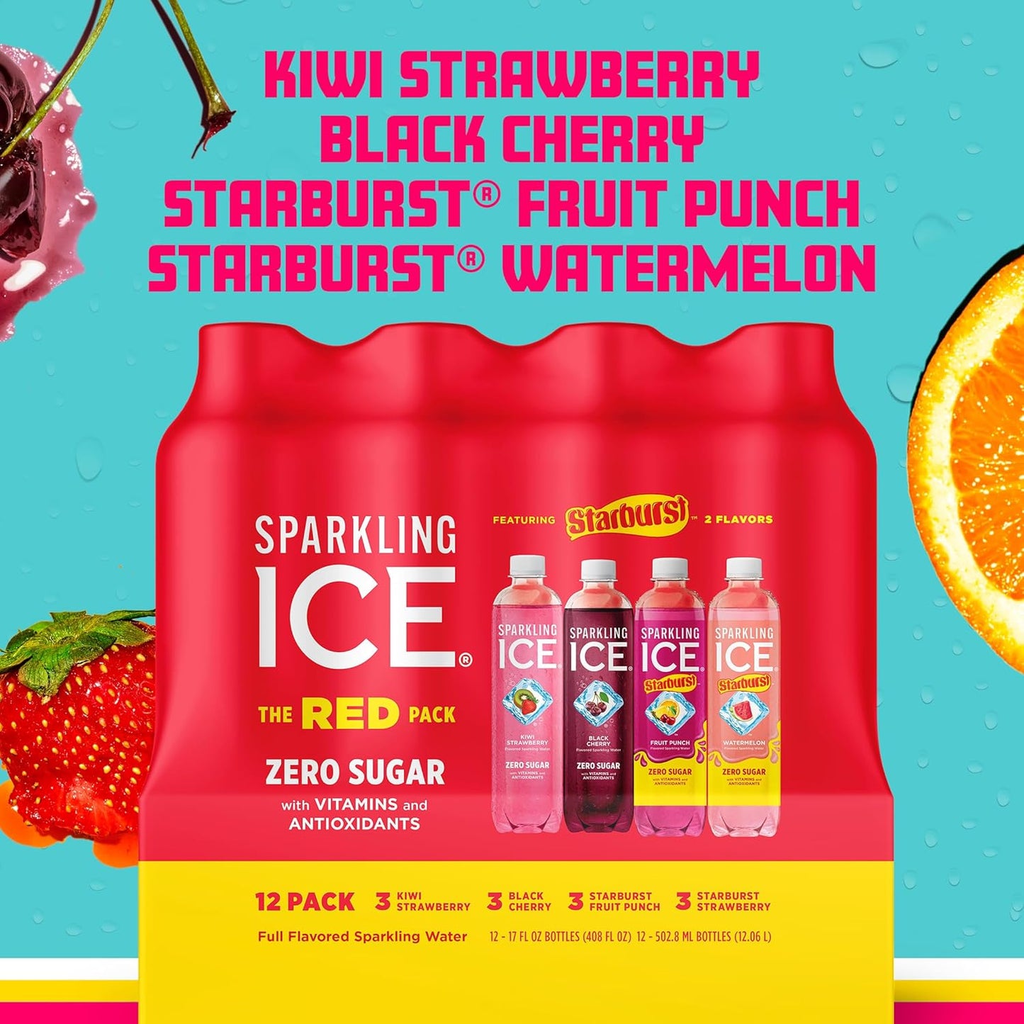 Sparkling Ice STARBURST Red Variety Pack, Zero Sugar Flavored Sparkling Water, Vitamins & Antioxidants, 17 fl oz, 12 count (Kiwi Strawberry, Black Cherry, Starburst Fruit Punch, Starburst Watermelon)