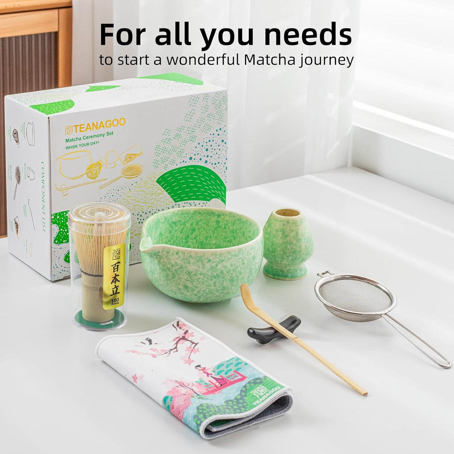 TEANAGOO Matcha Whisk Set,7 Pcs Matcha Set Green,Ceremony Matcha Kit,Matcha Tea Set for Making Latte,Ceramic Bowl(chawan) whith Spout and Whisk,Gift for Matcha Lovers