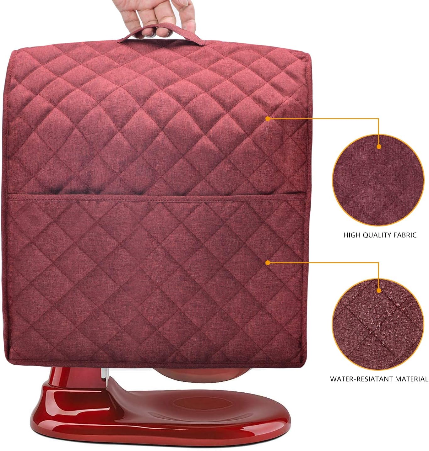 Stand Mixer Dust Cover with 3 Pockets Compatible with KitchenAid Tilt Head, Easy Cleaning,Waterproof,Can Ironable (Red Wine, Fits for 4.5-Quart and All 5-Quart)