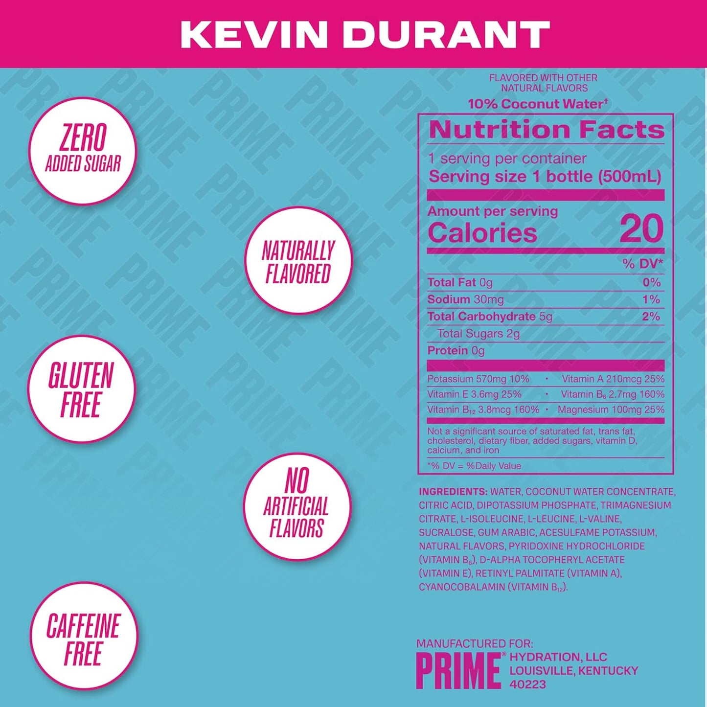 PRIME Hydration KEVIN DURANT Sports Drinks, Electrolyte Enhanced for Replenishing Fluids 250mg BCAAs, B Vitamins, Antioxidants, Low Sugar, 16.9 Fl Oz, 12 Pack