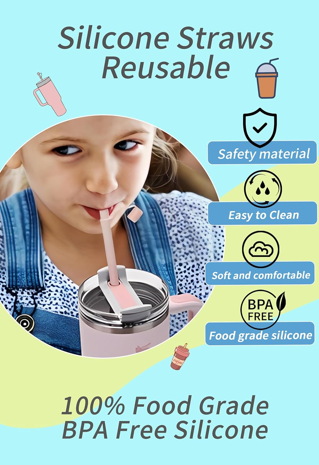 Reusable Replacement 12 inch Long Silicone Straw With Cover, Stocking Stuffers Gifts for Women Men Teens Girls Boys, Compatible with Stanley Tumbler Cup Accessorie 40 oz 30 oz (6 Pack)