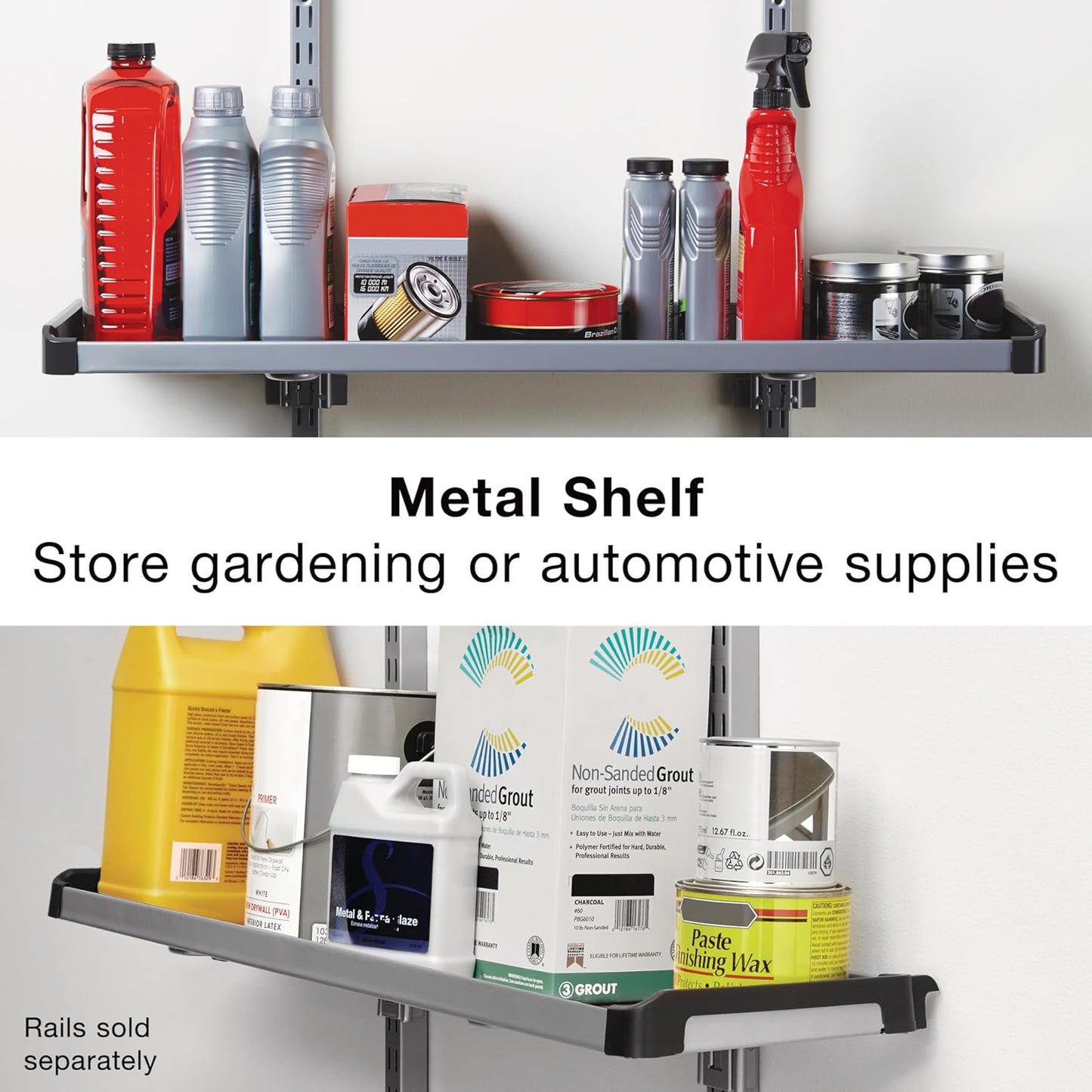 Rubbermaid FastTrack Rail Large Shelf Organization System, Holds up to 50 Pounds, Ideal for Cleaning Products/Garden Supplies/Laundry Products
