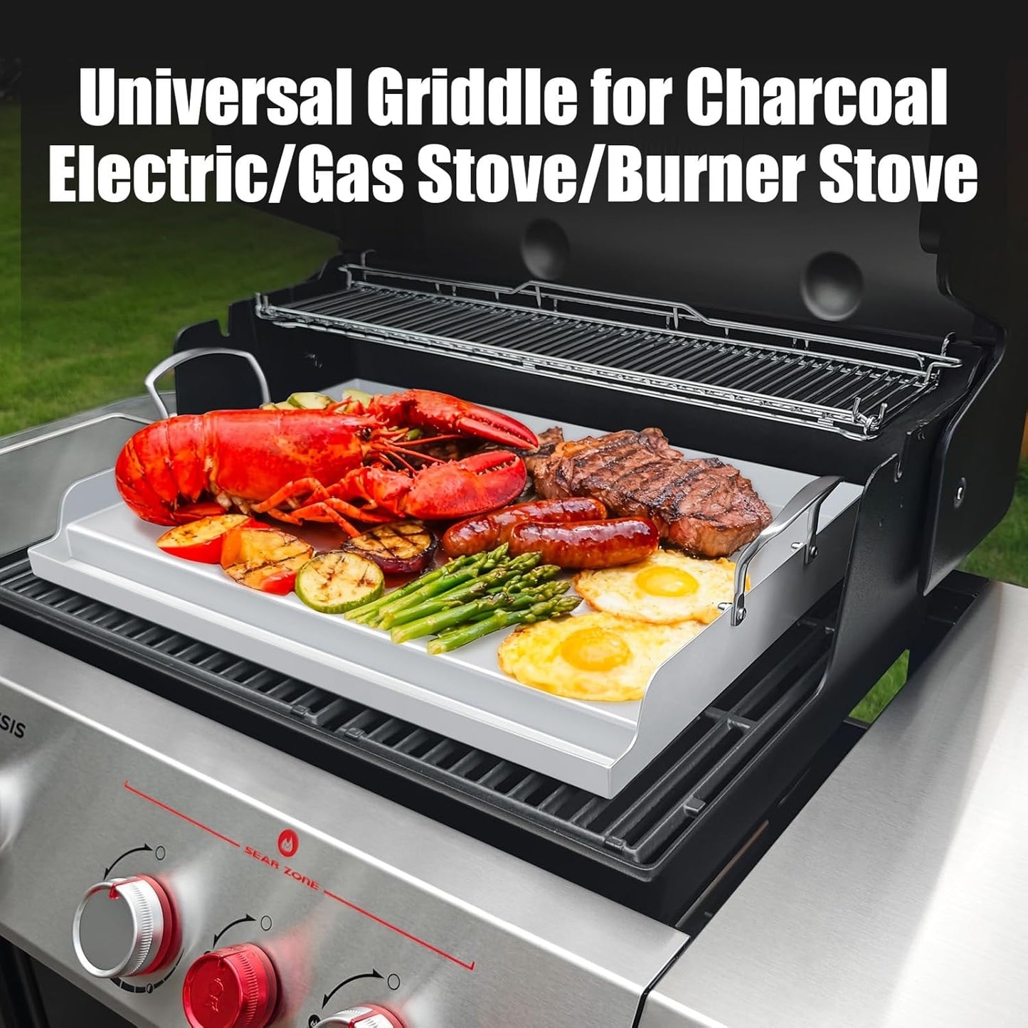 Universal Stainless Steel Cooking Griddle, Nonstick Flat Top Plate Insert for Gas Top Stove and Charcoal Grills, Tailgating, Camping and Parties, 23" x 16" Plancha Para Cocinar