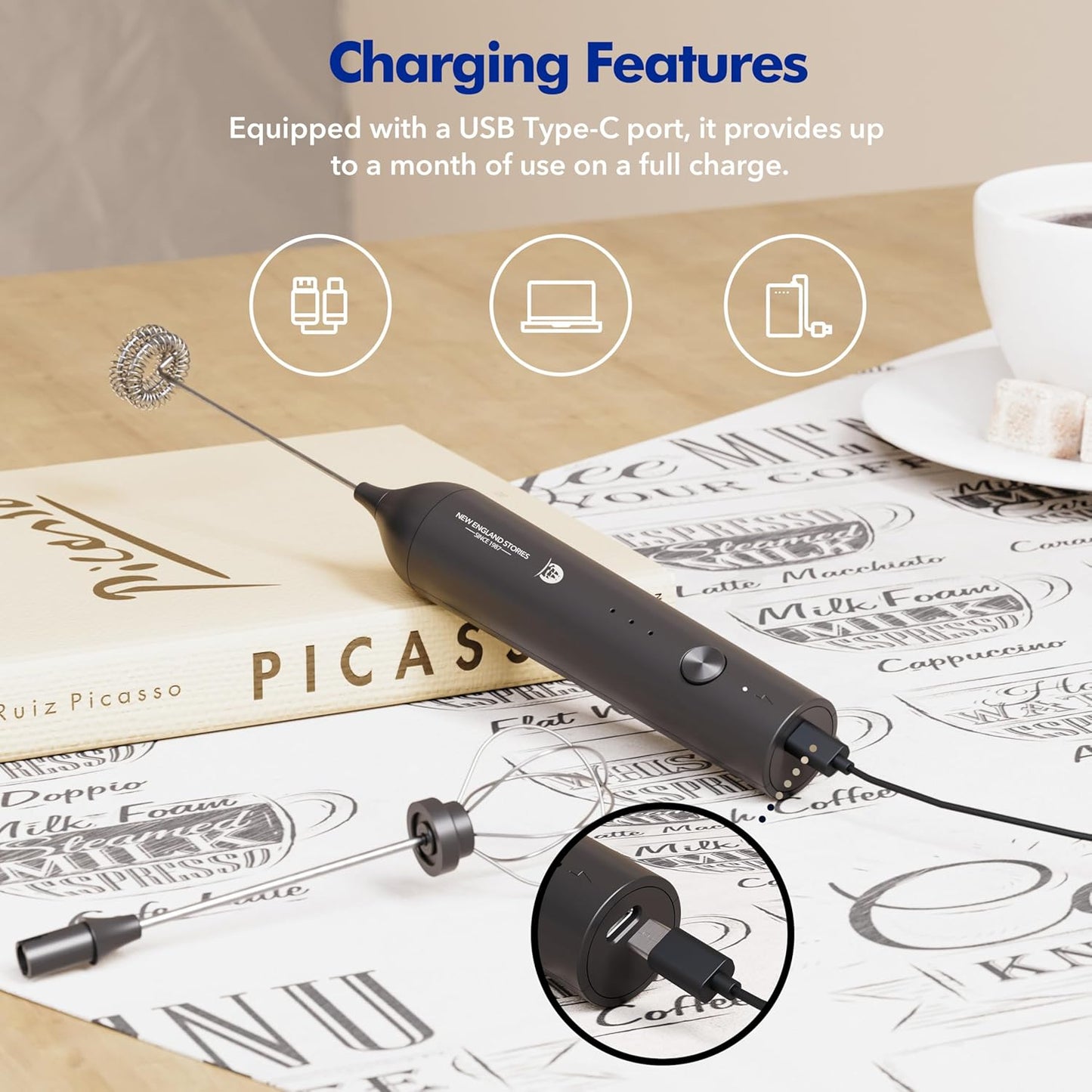 Rechargeable Milk Frother, 3 Speed Frother Wand Handheld Foam Maker with 2-layer Stainless Steel Whisk for Making Cappuccinos, Lattes, Bulletproof Coffee, Keto Drinks, Protein Shakes, and Matcha