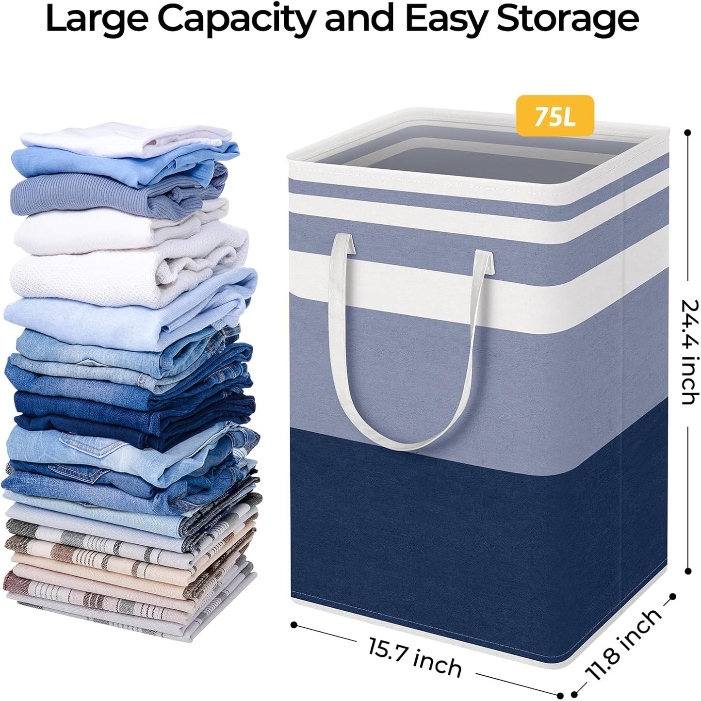 HomeHacks 2-Pack Large Laundry Basket, Waterproof, Freestanding Laundry Hamper, Collapsible Tall Clothes Hamper with Extended Handles for Clothes Toys in the Dorm and Family (Blue, 75L)