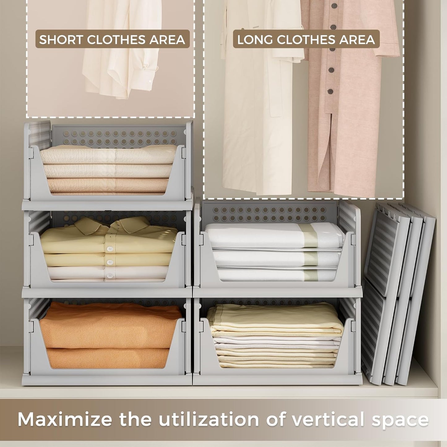 Pinkpum 8 Pack Closet Organizers and Storage Plastic Stackable Storage Bins, Foldable Drawer Shelf Storage Container for Wardrobe Kitchen Bathroom Dorm Grey