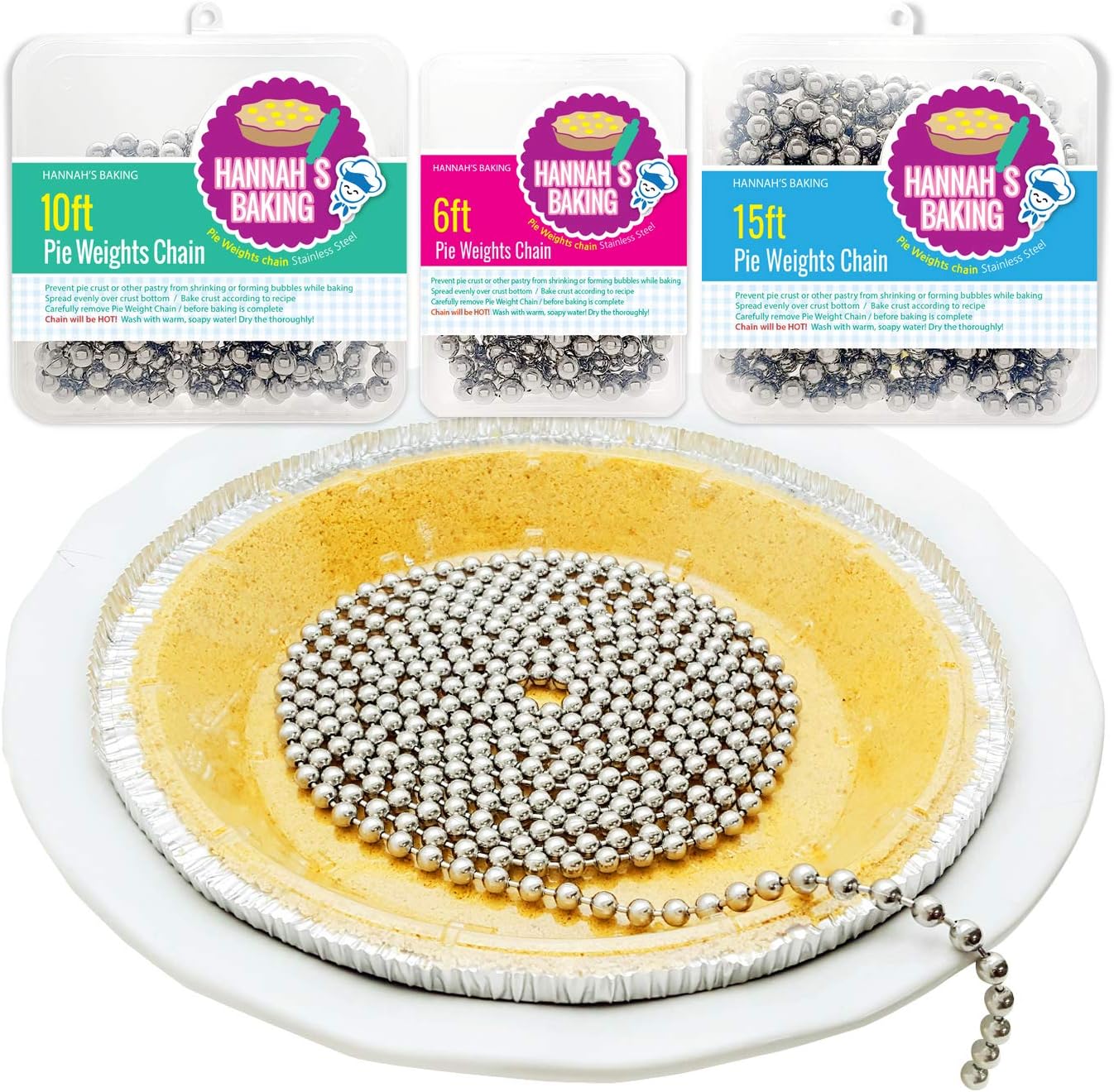 Durable Baking Supplies: 2 Pack Stainless Steel Chain Pie Weights, Reusable and Easy to Clean, Odorless, Safe Pie Weights for Pie Crusts, Oven Safe Baking Beads (10 feet)