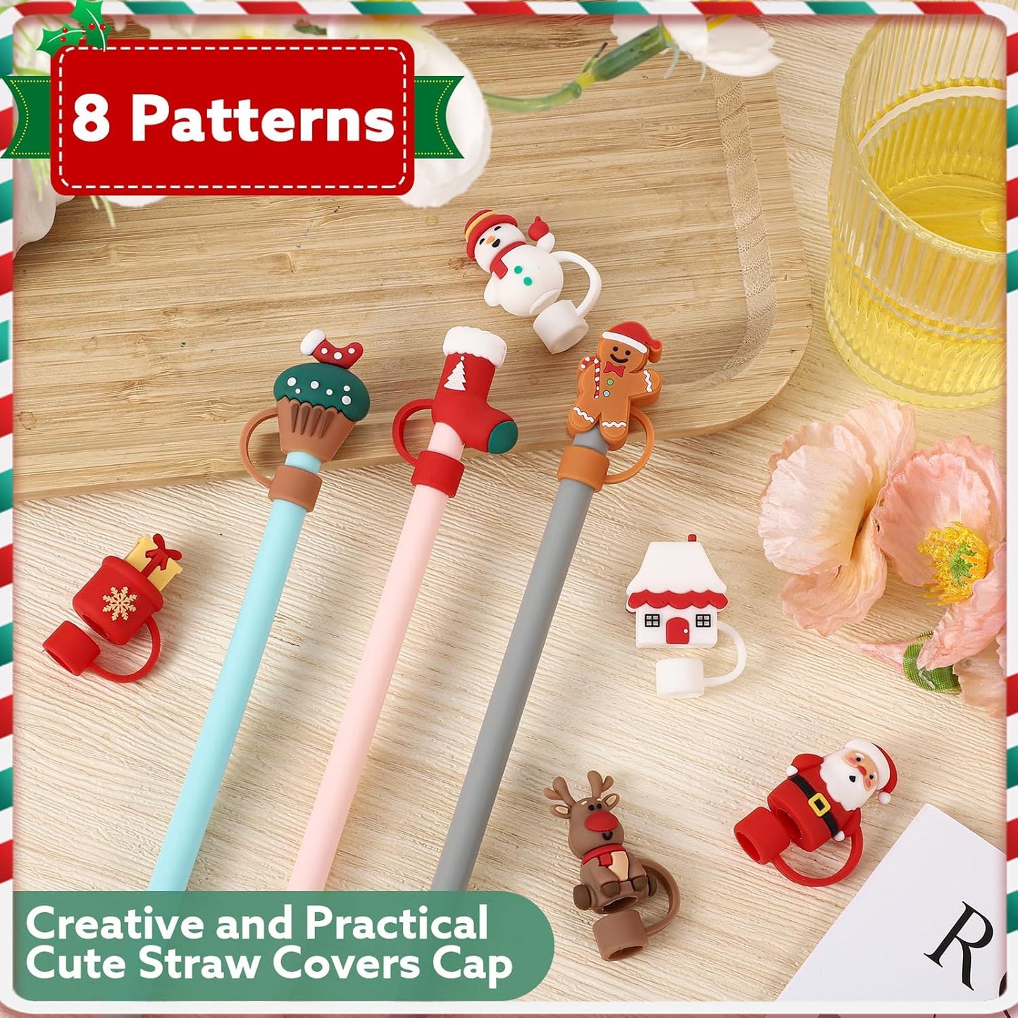 8 PCS Christmas Straw Topper, Straws Cover for Stanley 30&40 Oz Tumbler, Cute Christmas Straws Caps in Various Shapes, Drinking Straw Tip Covers for 0.4 Inch/10 mm Straw