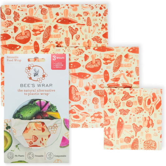 Bee's Wrap Beeswax Wraps for Food - Made in USA Reusable & Organic Food Wraps, Sandwich Wrap & Bowl Covers - Eco-Friendly Alternative to Aluminum Foil & Plastic Wrap, Mushroom Magic 3 Pack (S, M, L)