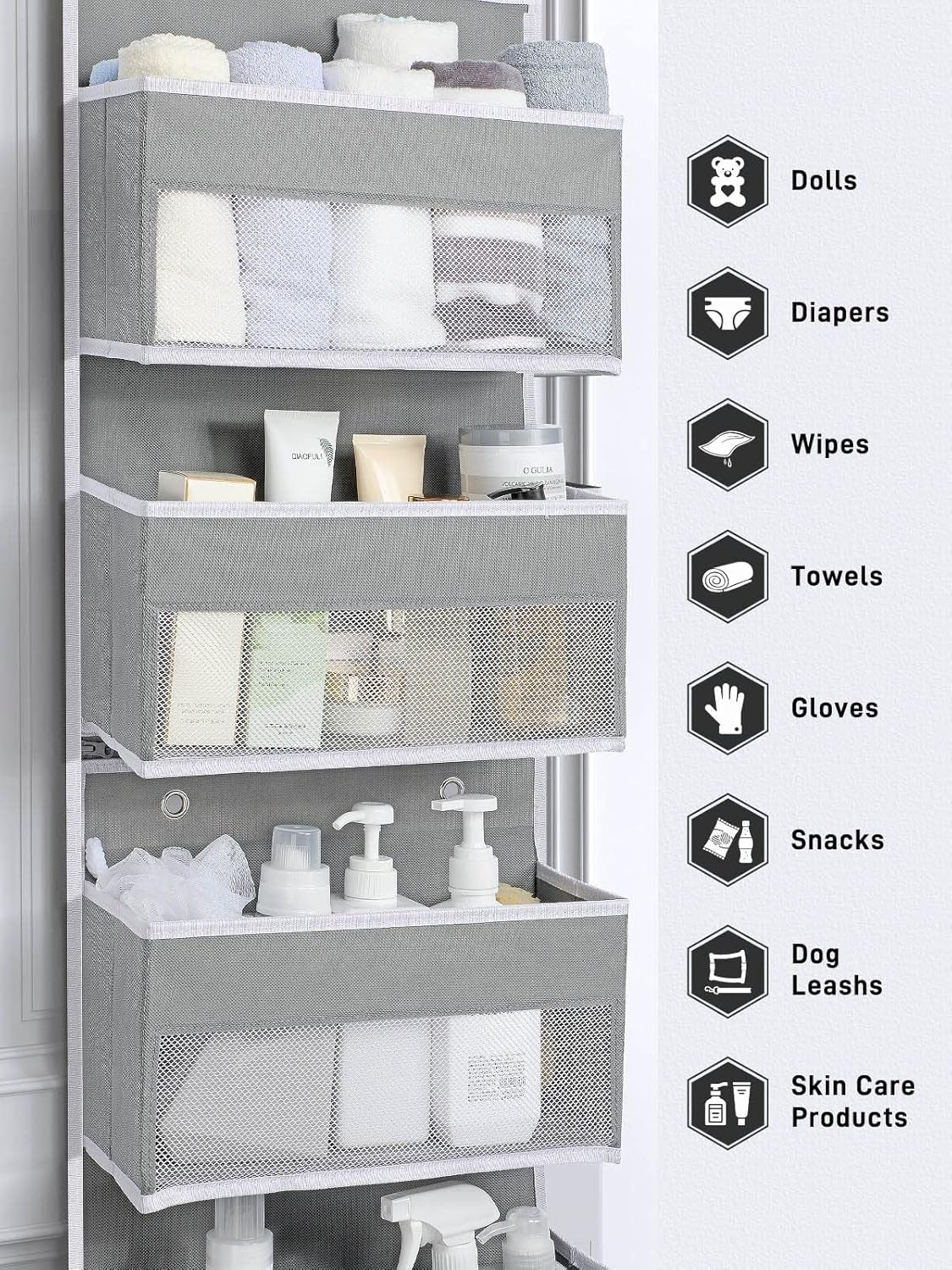 Yecaye 6-Tier Over the Door Storage Organizer, Flexible 1 Split into 2 Swing-proof Hanging Bathroom Storage Organization, Bedroom Organizer and Storage for Newborn Baby Essentials, Grey