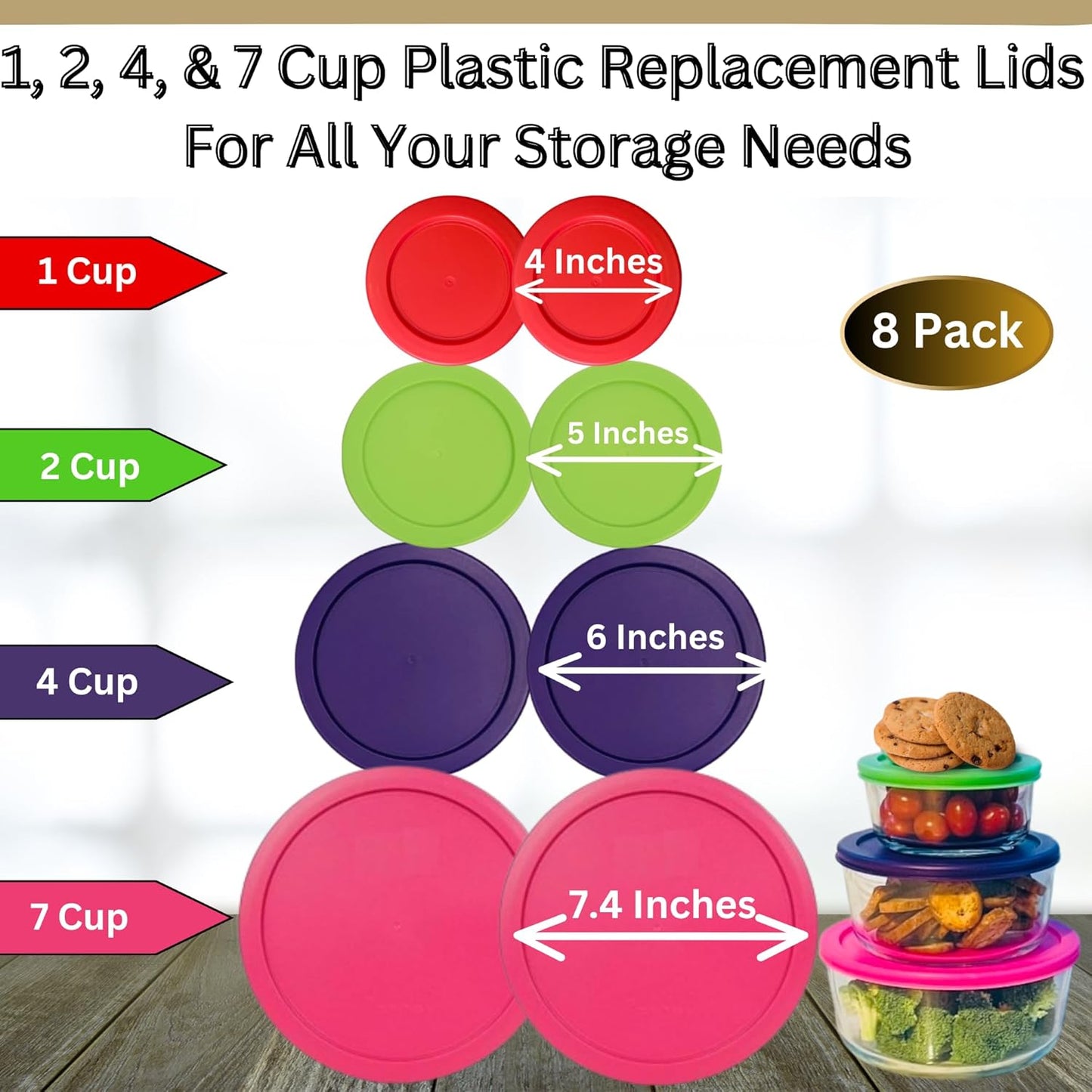 1, 2, 4 & 7 Cup Red, Spring Green, Purple, Pink Replacement Lids/Covers for Pyrex, Anchor Hocking & KlareWare Storage Bowls *Lids Only Glass Container Not Included* (8 Pack *Two of Each Size*)
