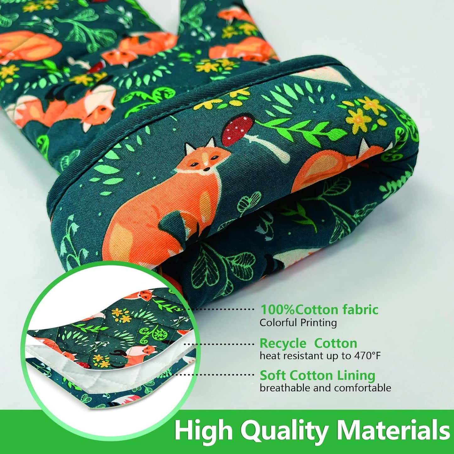 Oven Mitts Cotton Fashion Cute Fox Design 1 pair Heat Resistant Oven Gloves Safe Cooking Baking Grilling Barbecue Machine Washable (fox, oven mitts)