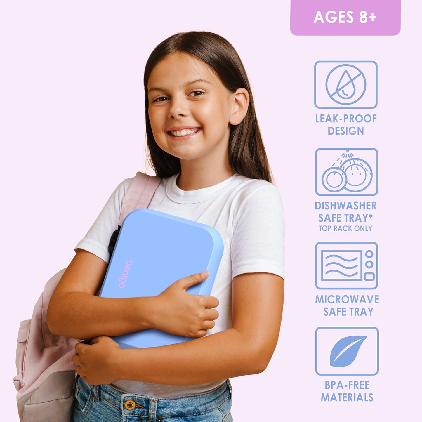 Bentgo Pop - Leak-Proof Lunch Box & Removable Divider for Ages 8+ & Teens - Lunch Container Holds 5 Cups of Food; 3-4 Compartments; Microwave/Dishwasher Safe; 2 Year Warranty (Periwinkle/Pink)