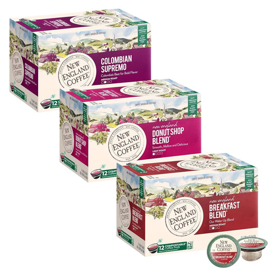 New England Coffee Variety Pack Single Serve Pods - Breakfast Blend/Colombian Supremo/Donut Shop, 12ct Box (Pack of 3)