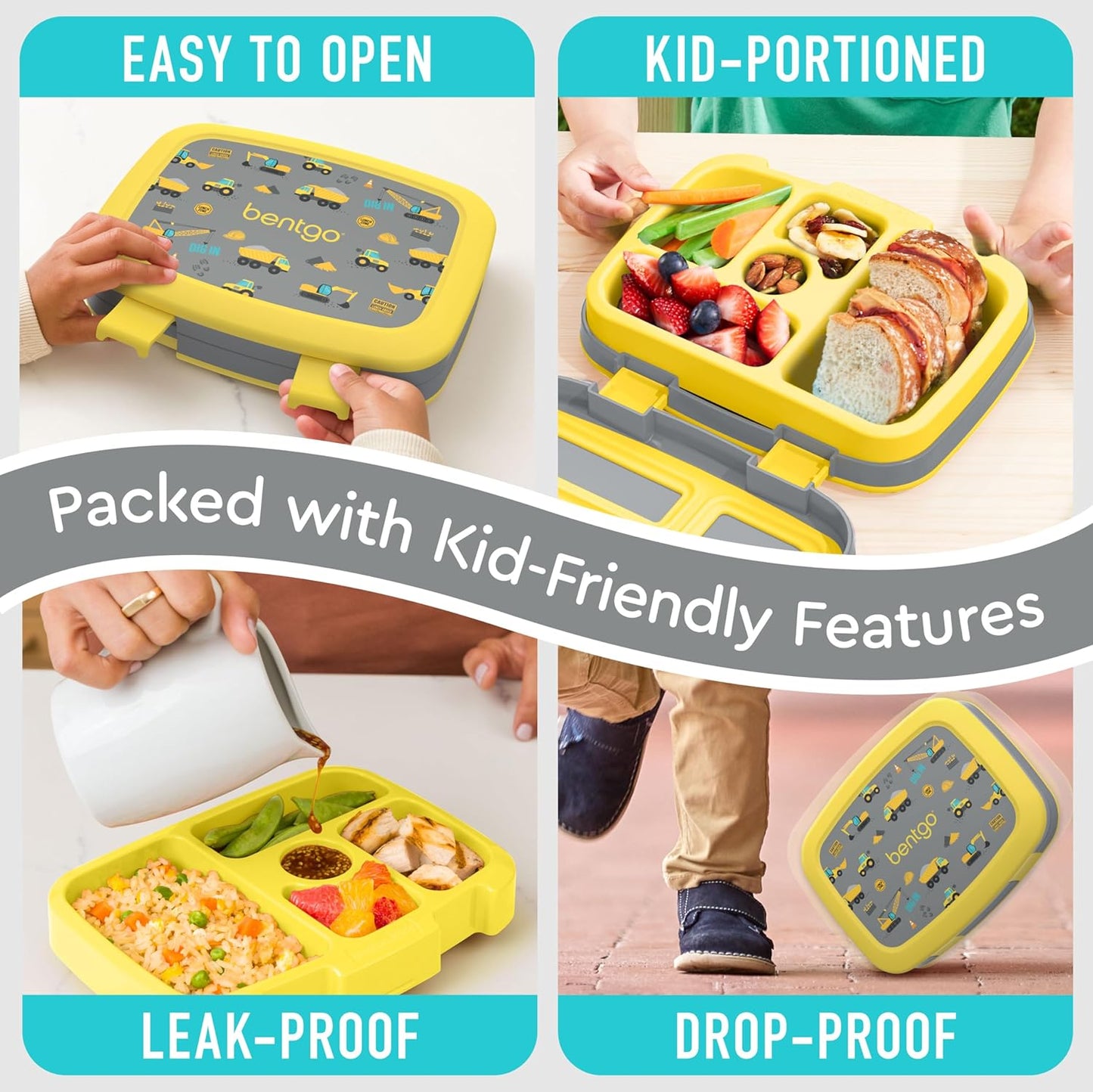 Bentgo Kids Prints Leak-Proof, 5-Compartment Bento-Style Kids Lunch Box - Ideal Portion Sizes for Ages 3-7, Durable, Drop-Proof, Dishwasher Safe, & PFAS & BPA-Free Materials (Construction Trucks)