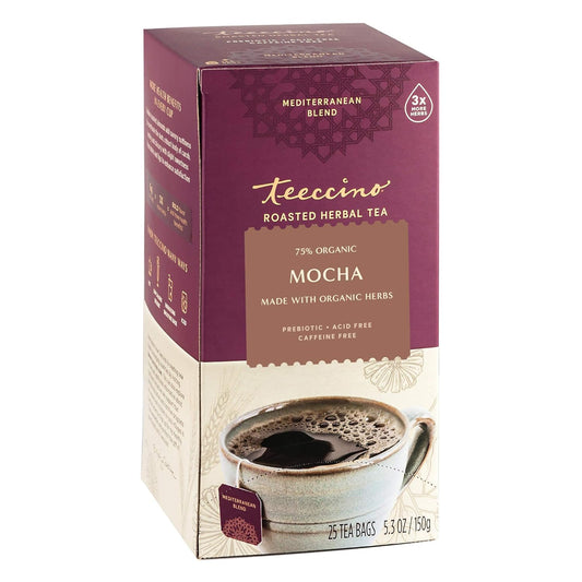 Teeccino Mocha Herbal Tea - Rich & Roasted Herbal Tea That’s Caffeine Free & Prebiotic for Natural Energy, 25 Tea Bags