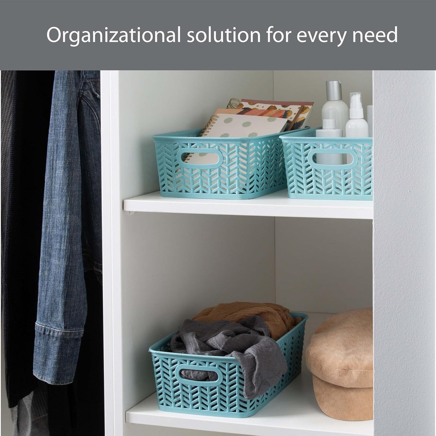 Simplify 3 Pack Small Herringbone Storage Basket, Dimensions: 10"x8"x4", Herringbone Design, Light Weight, Great for Bathroom, Kitchen, Office, Closet, 2 Open Handles, Dusty Blue