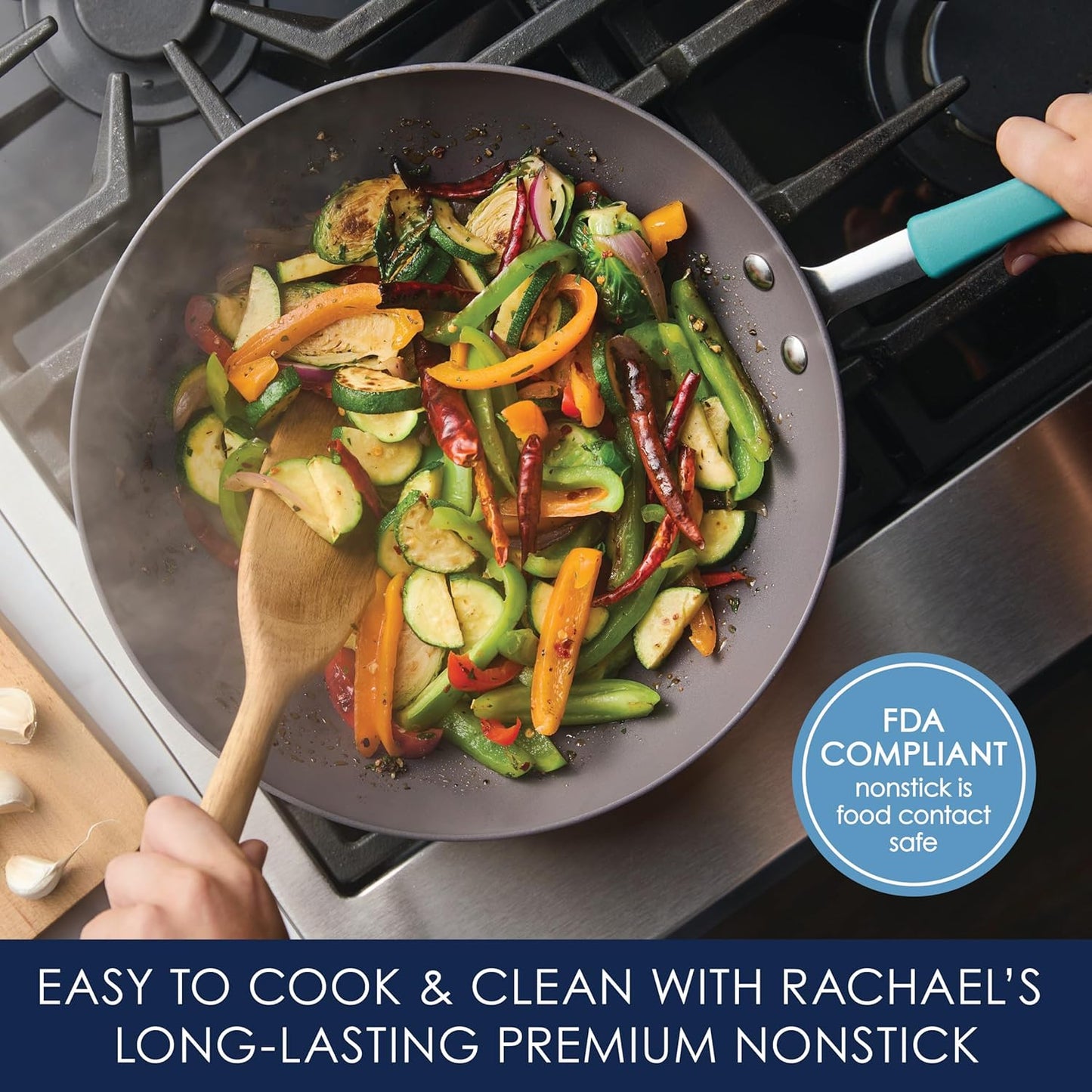 Rachael Ray Cucina Hard-Anodized Nonstick Covered Stir Fry Pan, 11-Inch, Gray, Agave Blue Handles