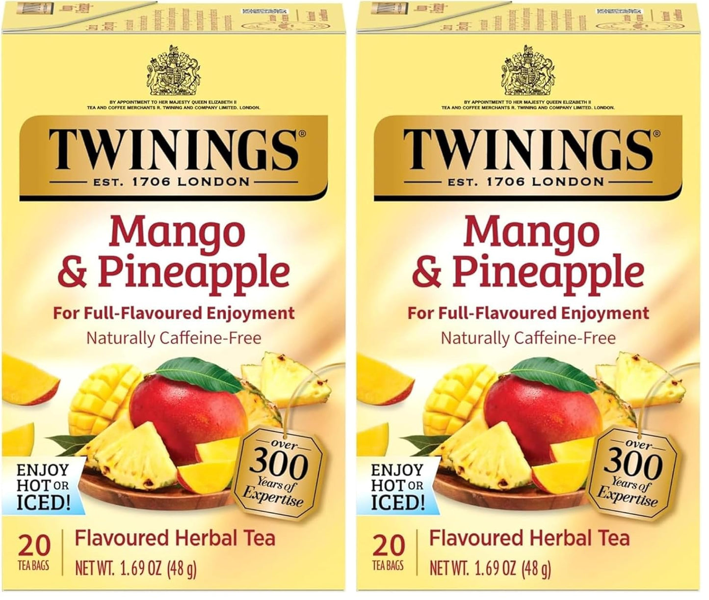 Twinings Mango & Pineapple Herbal Tea Individually Wrapped Bags, 20 Count (Pack of 2), Naturally Caffeine-Free, Enjoy Hot or Iced, 20 Teabags