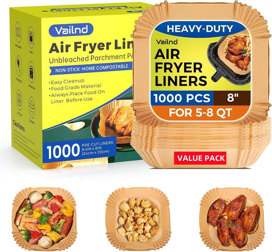 1000 Pcs Air Fryer Paper Liners Value Pack, 8" Square Air Fryer Liners Disposable, Heavy-Duty Parchment Paper for 5-8 qt Airfryer Basket Non-Stick & Grease-Proof Baking Liner for Oven Pan Bulk Supply