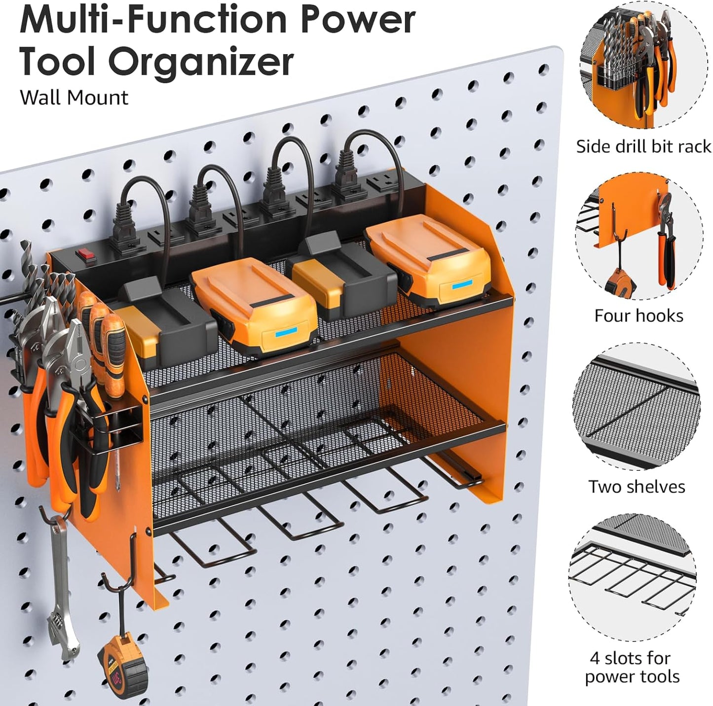 CCCEI Modular Power Tool Organizer Wall Mount with Charging Station. Garage Drill Storage Shelf with Hooks, Heavy Duty Rack, Tool Battery Holder Built in 8 Outlet. Gift for Men. Orange, 1 Pack.