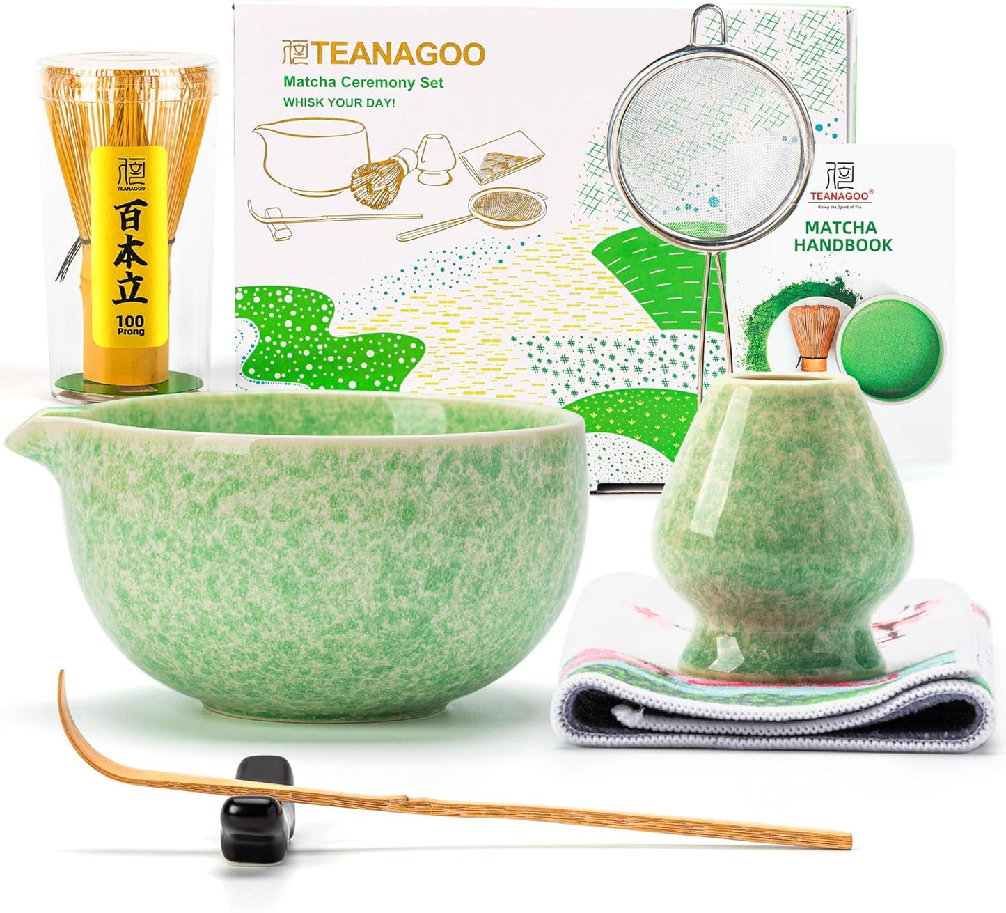 TEANAGOO Matcha Whisk Set,7 Pcs Matcha Set Green,Ceremony Matcha Kit,Matcha Tea Set for Making Latte,Ceramic Bowl(chawan) whith Spout and Whisk,Gift for Matcha Lovers