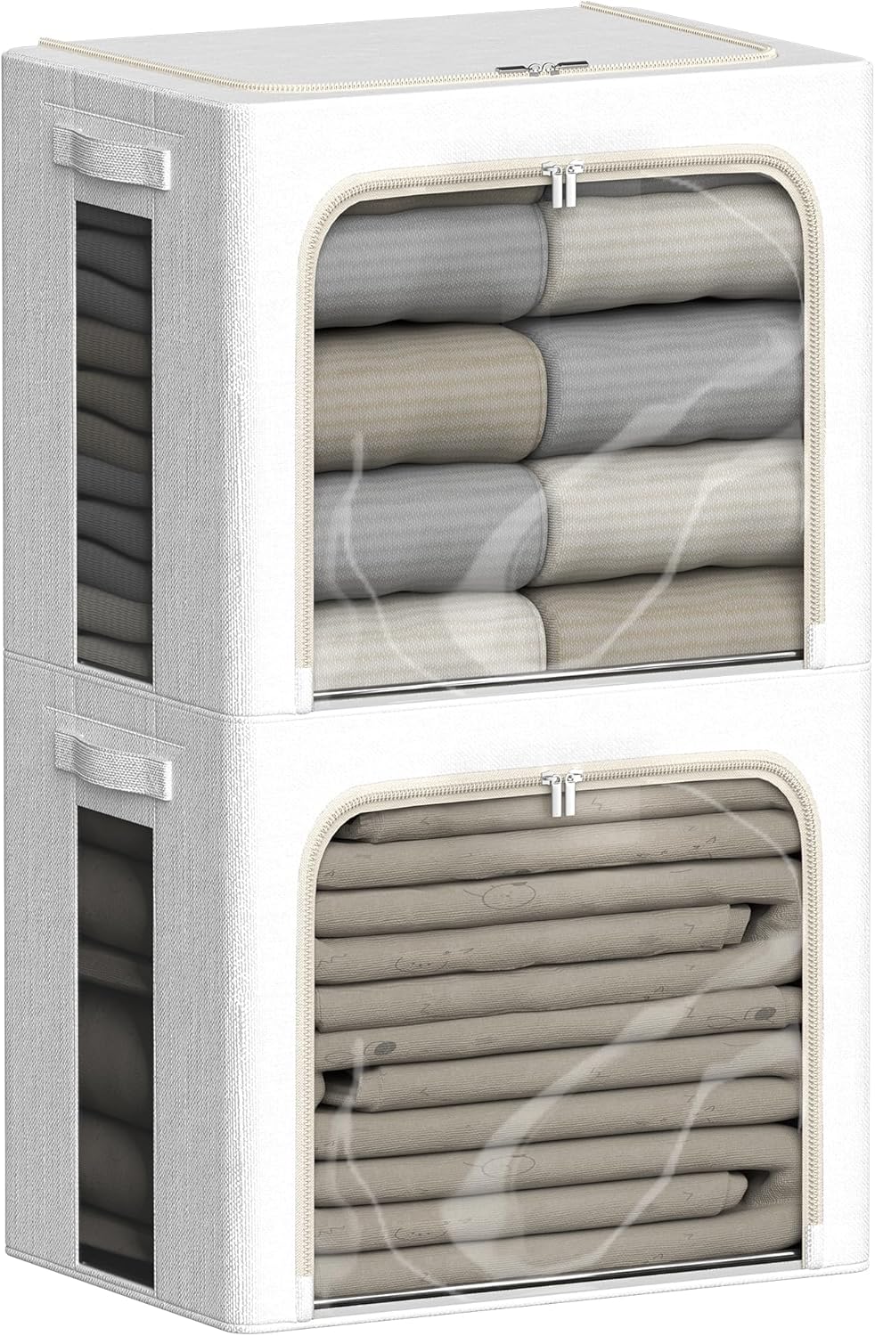 FHSQX 2 Pack Clear Window Storage Bins Large Stackable Linen Fabric Storage for Clothes Foldable Container Organizer Set with Carrying Handles (Lvory White, 23.6x 16.5x 15.7 Inch)