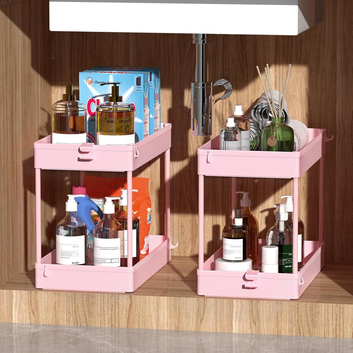 SPACEKEEPER Storage Cart 4-Tier, Bathroom Rolling Cart Utility Storage Organizer Shelf Mobile Shelving Unit for Kitchen Living Room Bathroom Laundry Room & Dressers, Pink