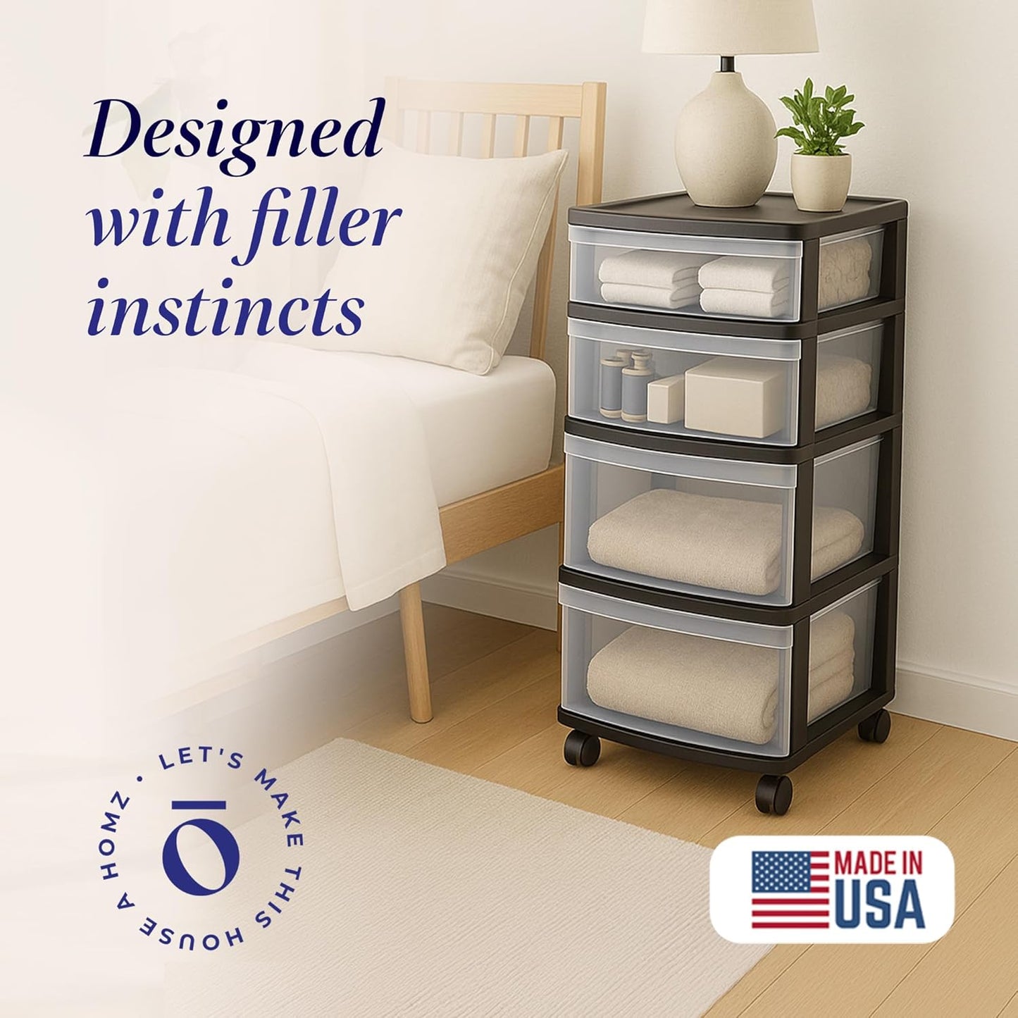 HOMZ Drawer Tower, 4-Tier Clear Plastic Storage Organizer Cart, Black Frame - Multi-Purpose Rolling Drawers with Wheels for Bedroom, Bathroom, and Office Organization