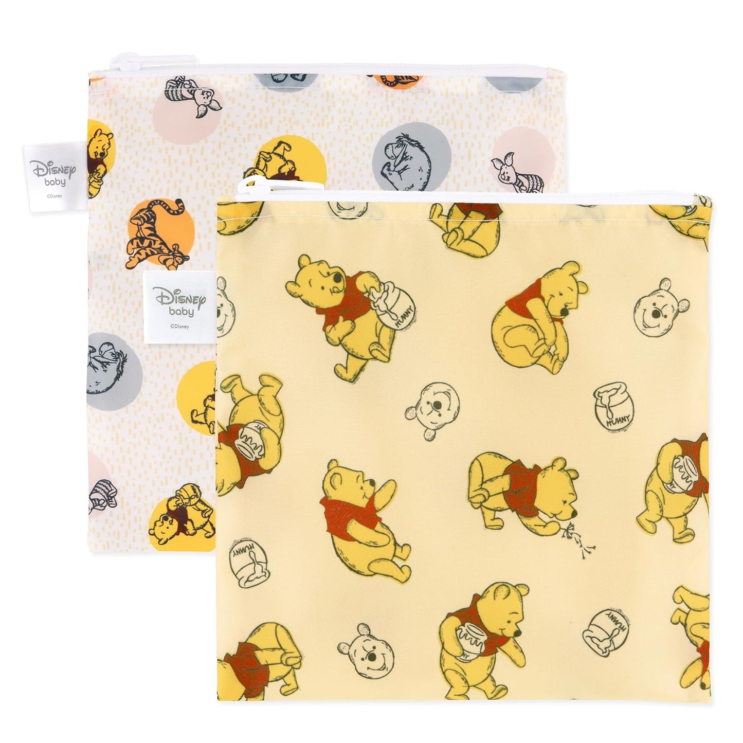 Bumkins Disney Reusable Sandwich and Snack Bags, for Kids School Lunch and for Adults Portion, Washable Fabric, Waterproof Cloth Zip Bag, Travel Pouch, Food-Safe Storage, Large 2-pk Winnie the Pooh