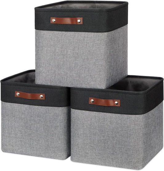 HNZIGE Storage Foldable Baskets Cubes Set(3 Pack) Fabric Bins for Shelves,13 Inch Storage Basket for Organizing with Leather Handles for Home, Toys, Clothes, Kids Room, Closet Storage(Black&White)