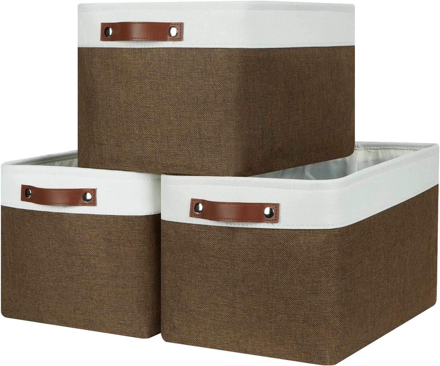 HNZIGE Fabric Storage Baskets (3 Pack) - Decorative Foldable Shelf Baskets with Leather Handles for Organizing Clothes (Brown & White, 15" x 11" x 9.5")