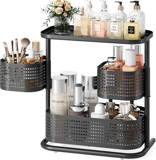 KINGRACK Bathroom Counter Organizer, 3 Tier Rotating Vanity Bedroom Storage cabinet, Cosmetic Holder Standing Shelf, Bathroom Tray for Countertop Storage, Kitchen Spice Rack, Black