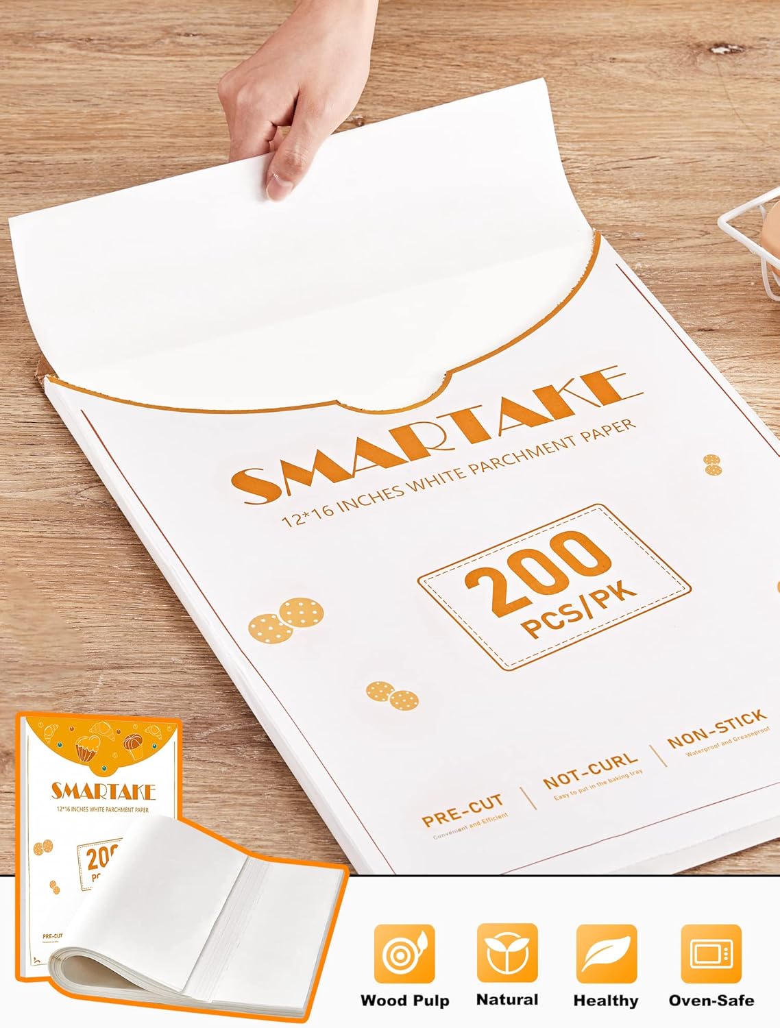 SMARTAKE 200 Pcs Parchment Paper Baking Sheets, 12x16 Inch Non-Stick Precut Baking Parchment, Suitable for Baking Grilling Air Fryer Steaming Bread Cup Cake Cookie and More (White)