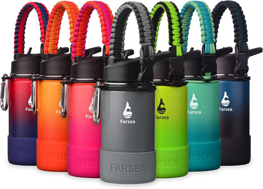 Farsea Insulated Water Bottle With Paracord Handle, Protective Silicone Boot and 2 Lids (Straw Lid & Spout Lid), Stainless Steel Water Bottle Wide Mouth, Double Wall Sweat-Proof BPA-Free,12 oz