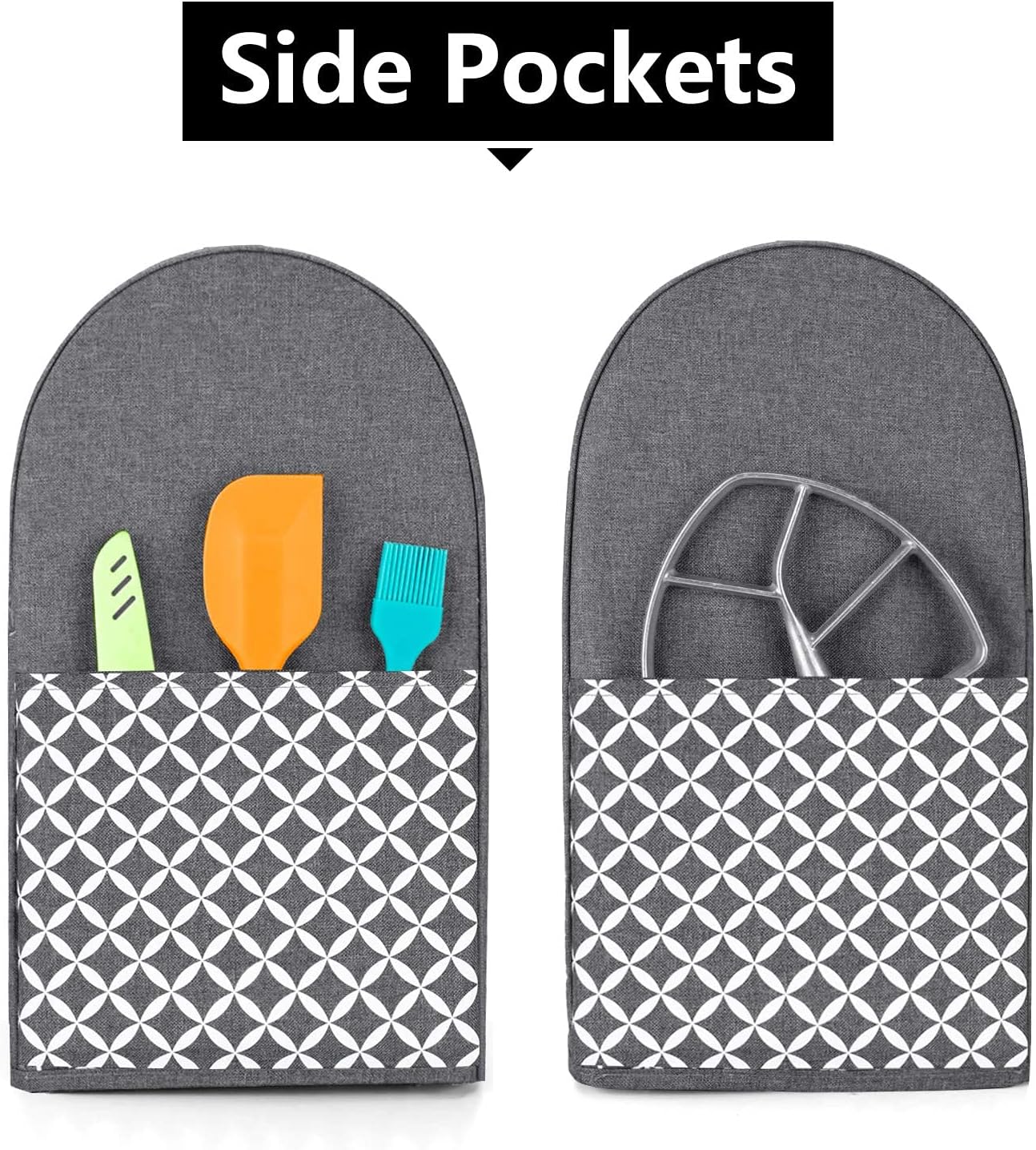 Yarwo Stand Mixer Cover Compatible with 6-8 Quart KitchenAid Mixer, Protective Dust Cover with Top Handle and Pockets for Accessories, Gray with Grid