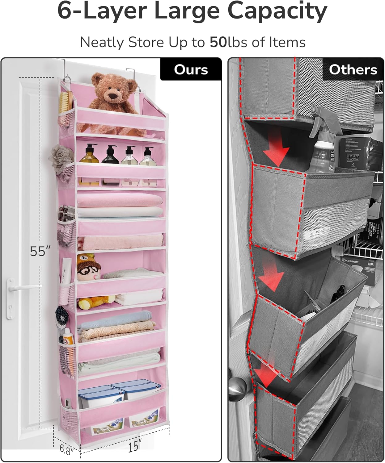 ULG Over The Door Organizer with 6 Large Pockets 12 Side Pockets, 50lbs Weight Capacity Door Hanging Storage Organizer for Bedroom, Bathroom, Pantry, Nursery Storage, Pink