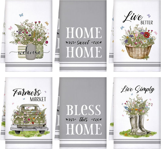 Boyiee Set of 6 Floral Kitchen Towels Wildflower Dish Towels Butterfly Truck Tea Towels 24 x 16 Inches Absorbent Hand Towels Flower Lover Housewarming Gifts for Farmhouse Kitchen Bathroom Decorations