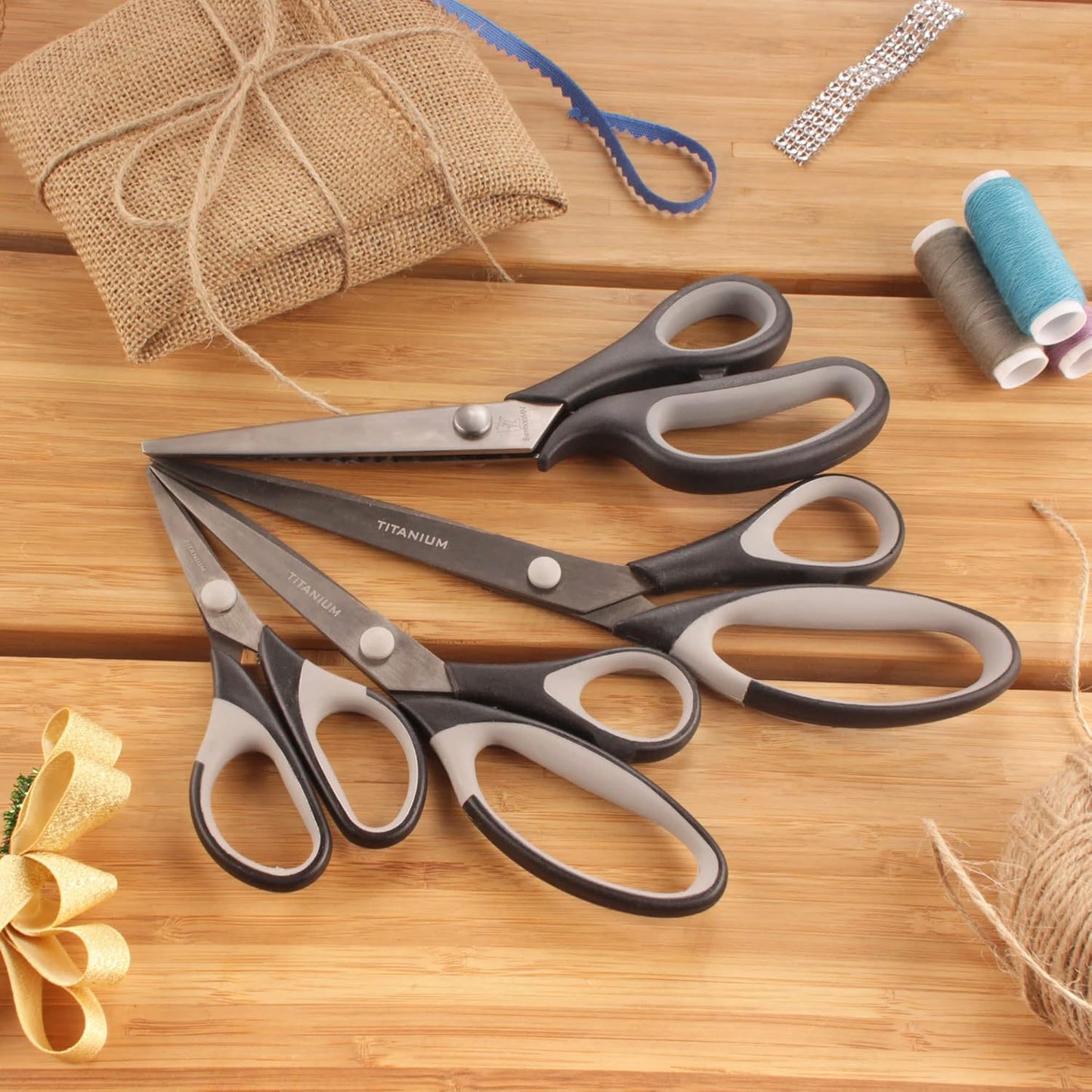 BambooMN Titanium Softgrip Scissors Set - Pinking, Sewing, Arts, Crafts, Office - 10 Sets of 4 - Black w/Grey Inlays