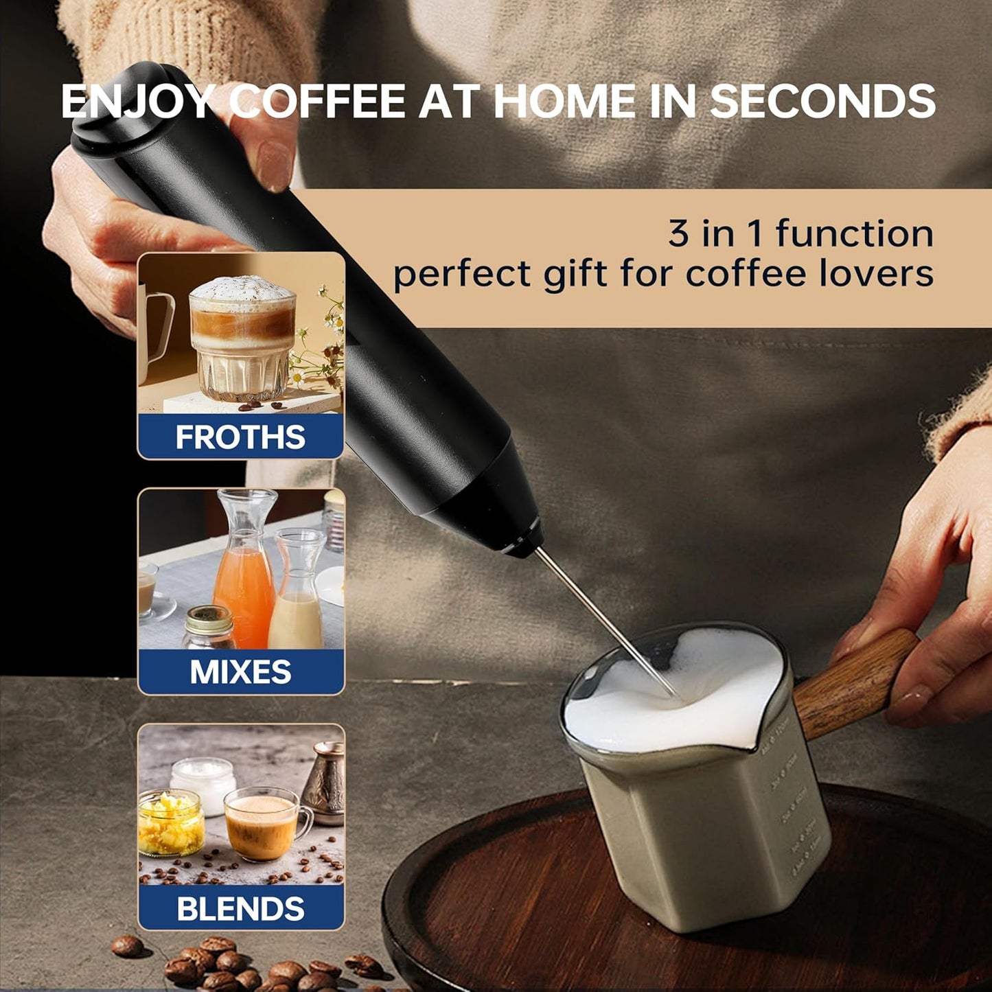 YSSOA Electric Milk Frother Handheld with Stainless Steel Stand Battery Operated Whisk Drink Mixer for Coffee, Frappe, Latte, Matcha, Hot Chocolate, Mini Hand Blender 2024 Version