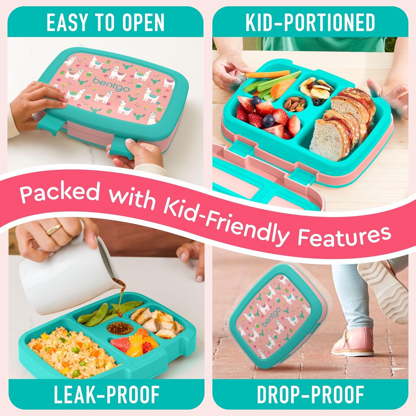Bentgo Kids Prints Leak-Proof, 5-Compartment Bento-Style Kids Lunch Box - Ideal Portion Sizes for Ages 3-7, Durable, Drop-Proof, Dishwasher Safe, & PFAS & BPA-Free Materials (Llamas)