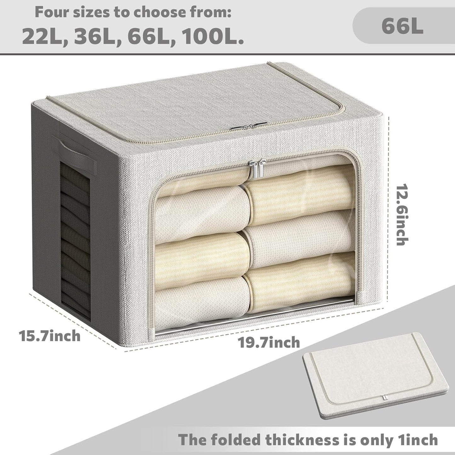 FHSQX 2 Pack Clear Window Storage Bins Large Stackable Linen Fabric Storage for Clothes Foldable Container Organizer Set with Carrying Handles (Lvory White, 19.7x 15.7x 12.6 Inch)