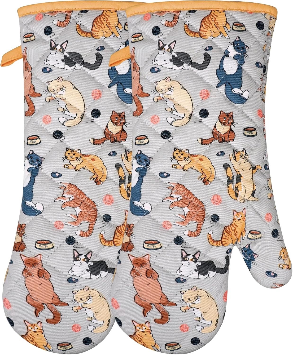 Oven Mitts Cotton Fashion Cute Cat Design 1pair Heat Resistant Oven Gloves Safe Cooking Baking Grilling Barbecue Machine Washable Pot Holders (Cat)